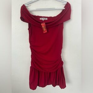 Madden Girl red ruched mini dress, off-the-shoulder style, size L juniors.